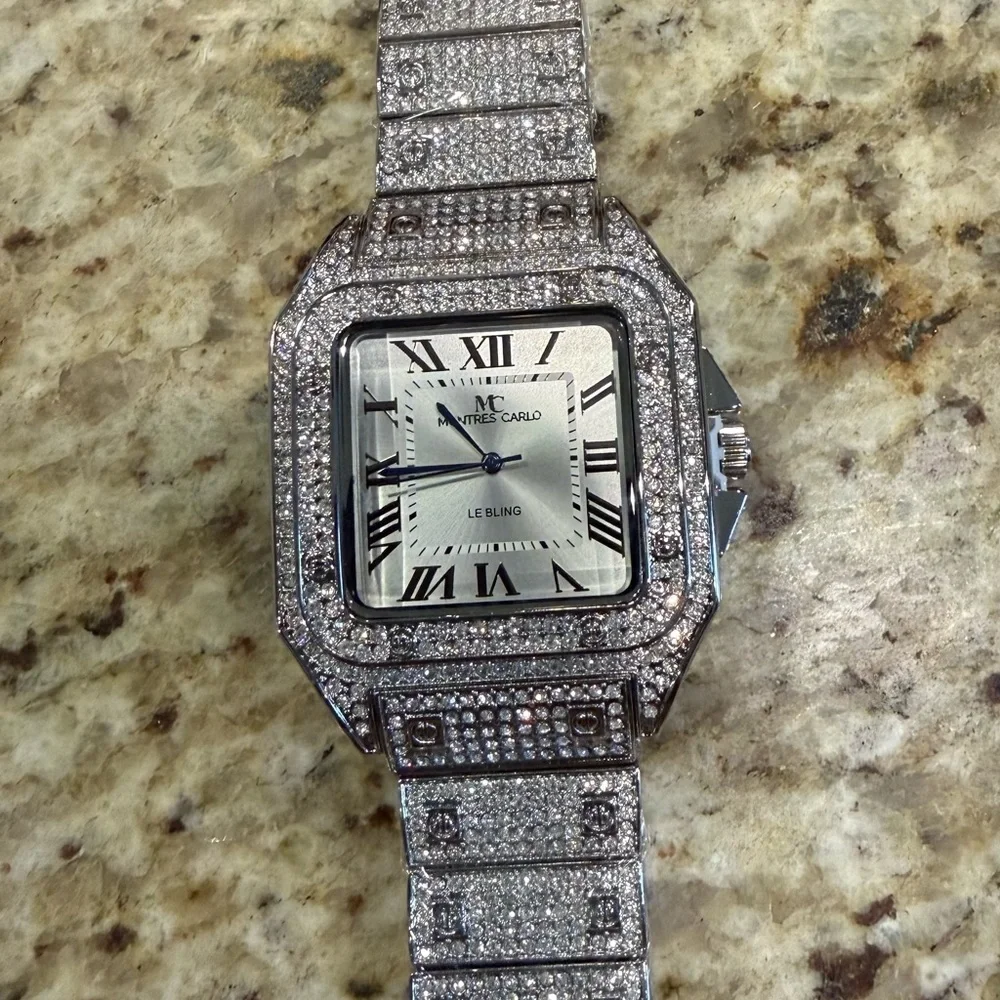 Montres Carlo Le Bling Men's Luxury Iced Out Watch - Silver, Roman Numerals
